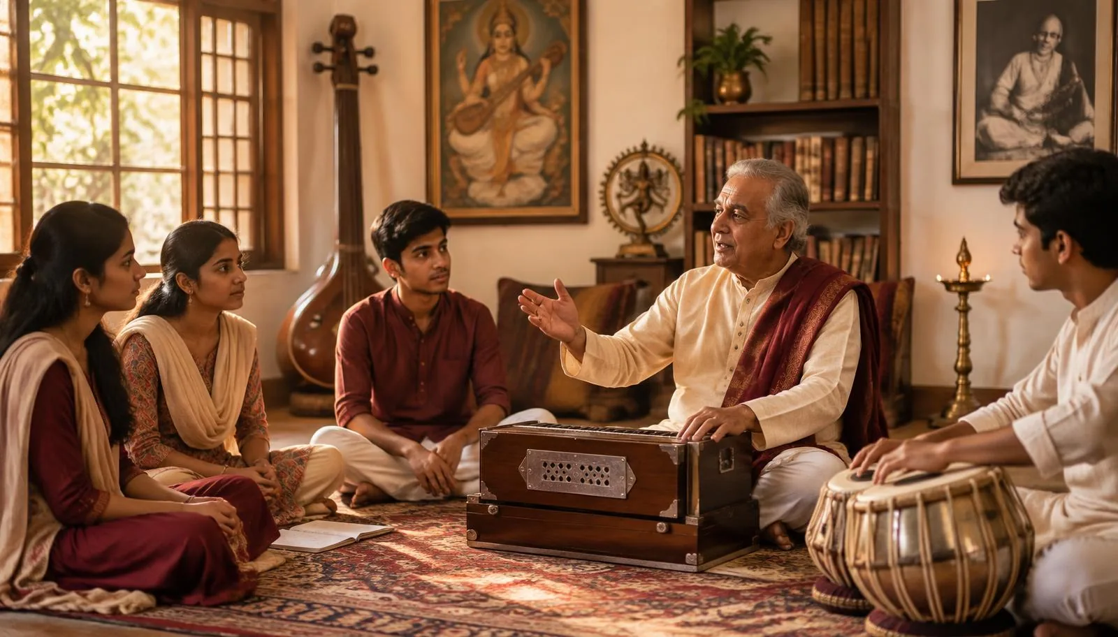 A music guru teaching students seated around a harmonium