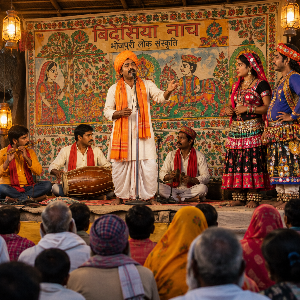 Bhojpuri folk singers performing Bidesia with dholak and bansuri on a village stage