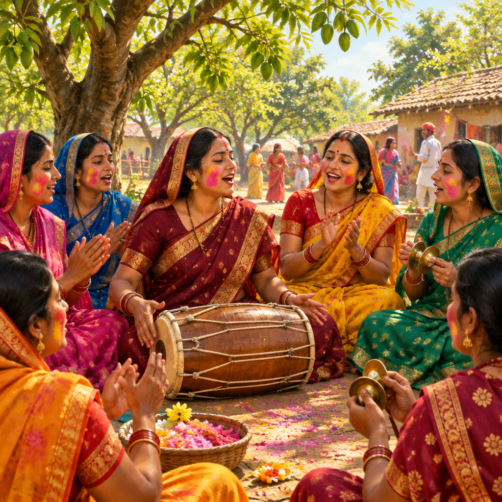 Women singing chaiti spring folk songs under mango trees at a Holi-season gathering