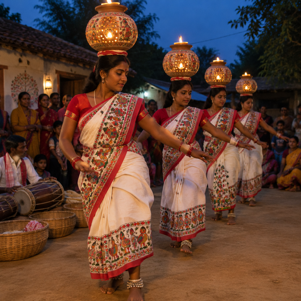 Women performing the Jhijhiya folk dance of Mithila, Bihar — perforated lamp pots balanced on their heads