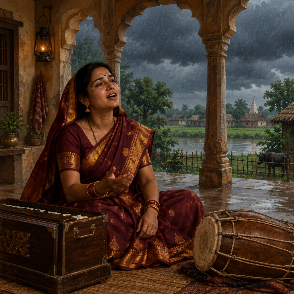A Bihari woman singing kajri monsoon songs on a rain-washed veranda with harmonium and dholak