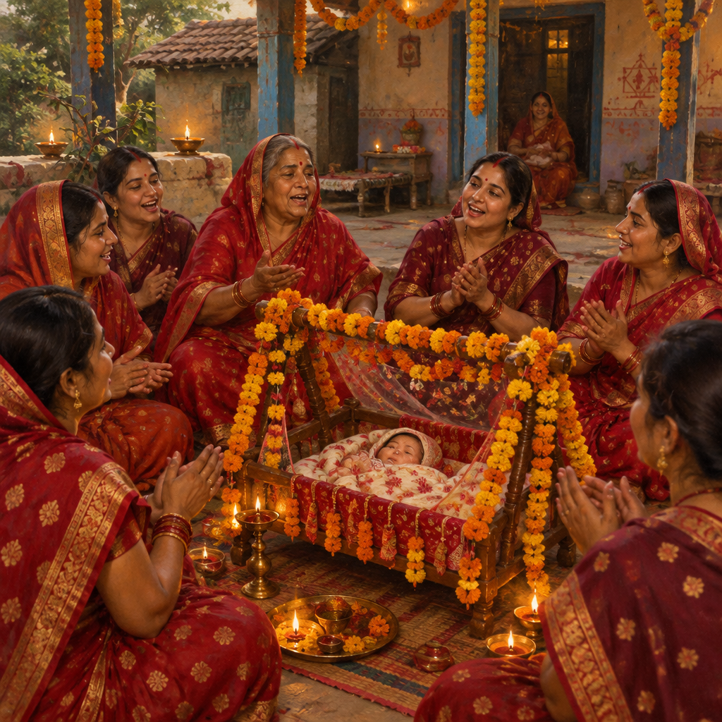 Women singing sohar birth songs around a newborn's cradle with marigold garlands and oil lamps