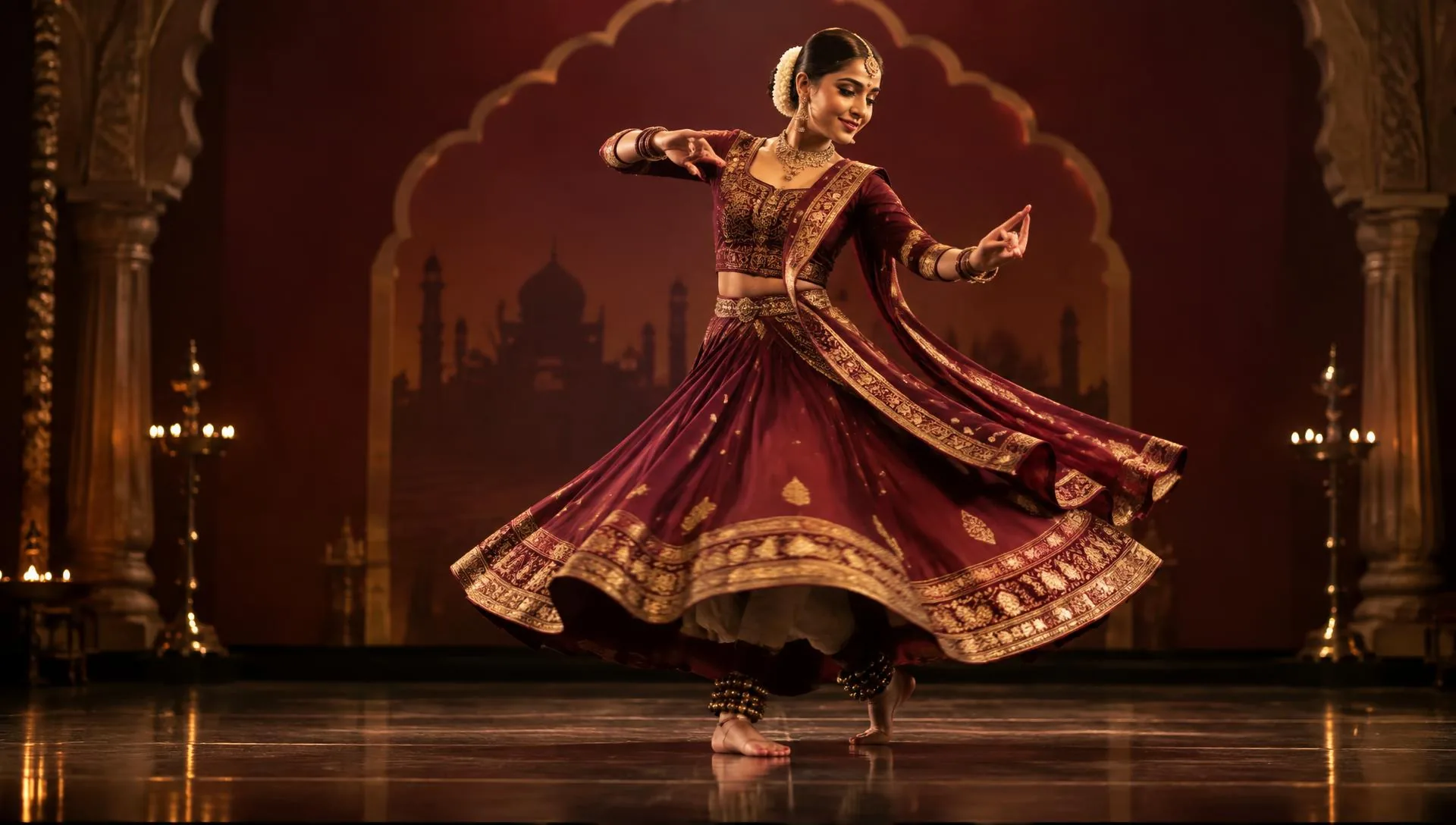 Kathak dancer in traditional costume performing expressive movement